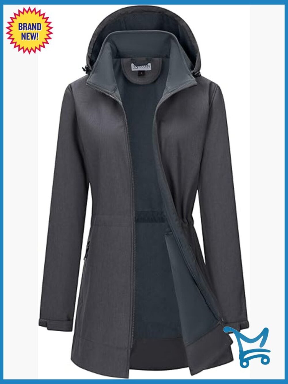 Long Softshell Rain Jacket with Hood Fleece Lined Windproof